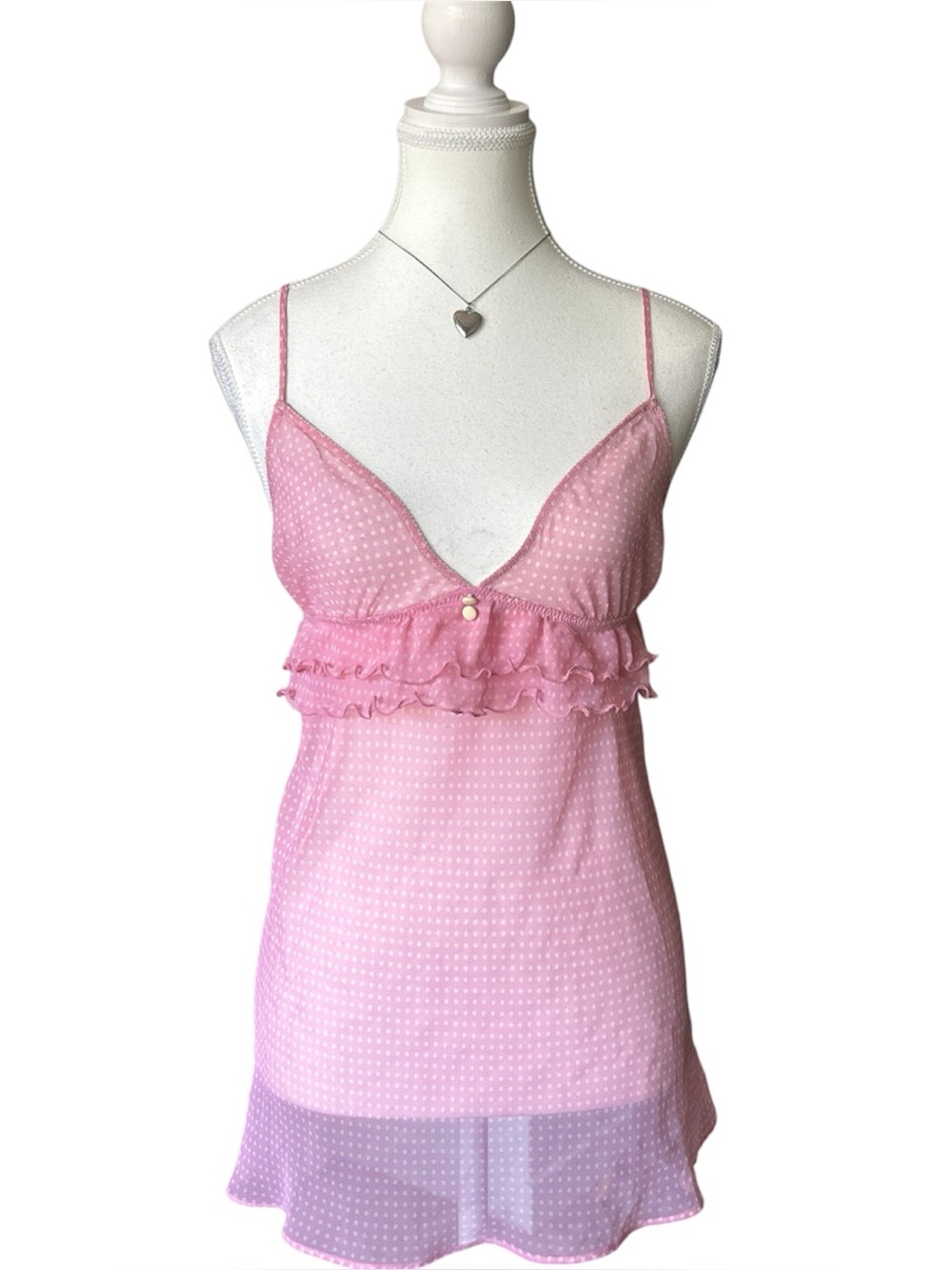 Y2K Coquette “La Senza” Pink Polka Dot Print Mesh Ruffle Trim Slip Dress